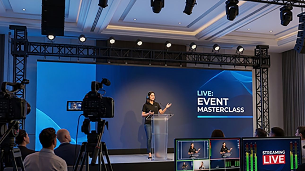 Professional corporate event production setup inside a luxury hotel ballroom in Pune, featuring an LED stage backdrop, overhead truss rigging, line-array speakers, live-streaming cameras, and a technical production console.