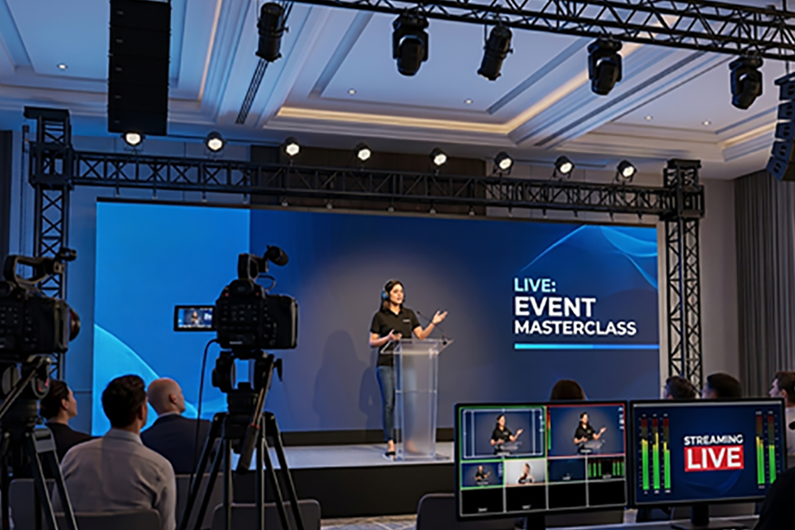 Professional corporate event production setup inside a luxury hotel ballroom in Pune, featuring an LED stage backdrop, overhead truss rigging, line-array speakers, live-streaming cameras, and a technical production console.